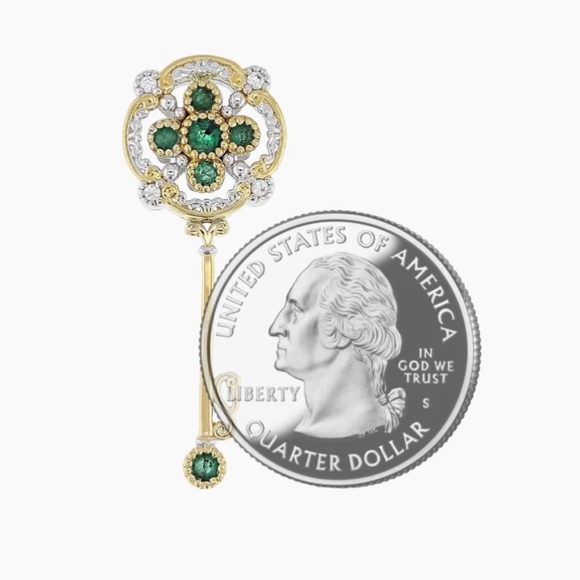 .40CTW EMERALD, ZIRCON RHODIUM & 24K GOLD OVER PALLADIUM SILVER KEY PENDANT - Picture 5 of 7